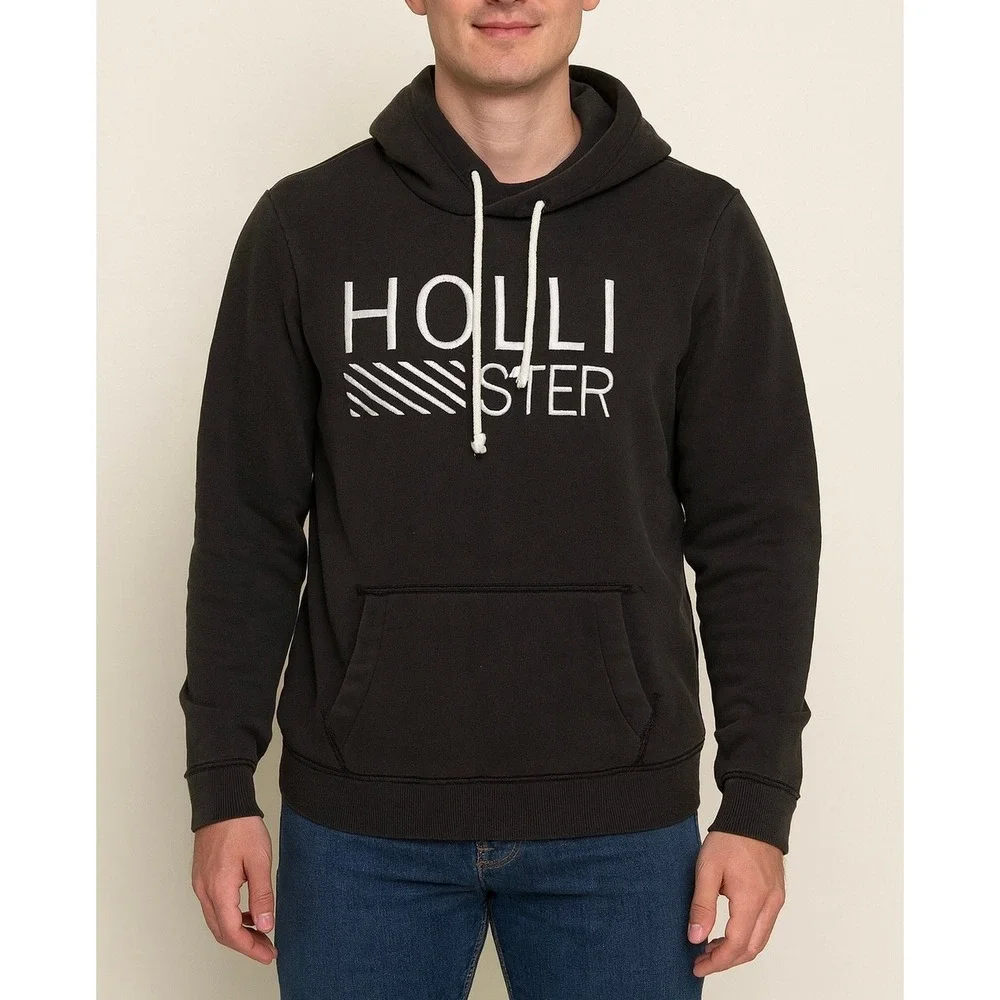 Hollister Hoodie Mens Small Black Embroidered Logo Pullover Sweatshirt - Picture 1 of 6